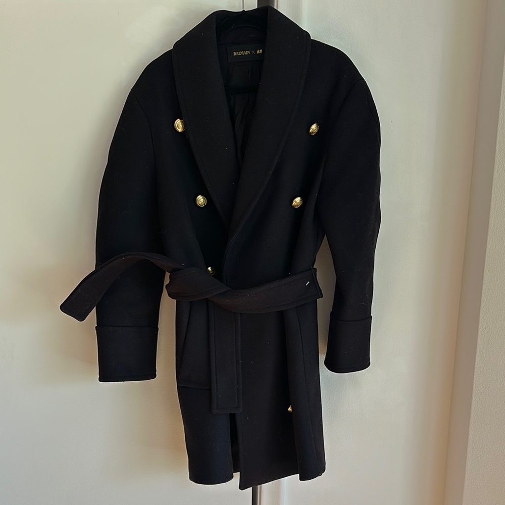 Balmain Black and Gold Pea Coat with Double-Breasted Design